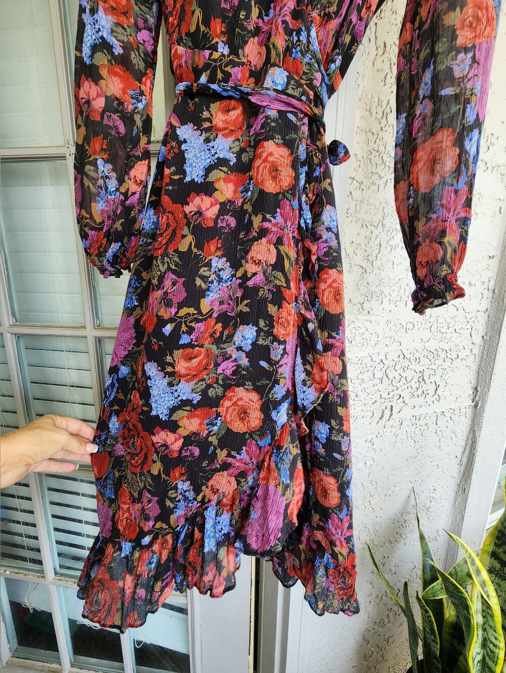 PAIGE Paulette Floral Long Sleeve  V-Neck Midi Wrap Dress - Black Red Pink Multi - Picture 11 of 16